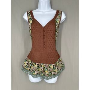 Y2K Vintage Top Womens Small Brown Floral Cottagecore Boho Button Fairy Cotton